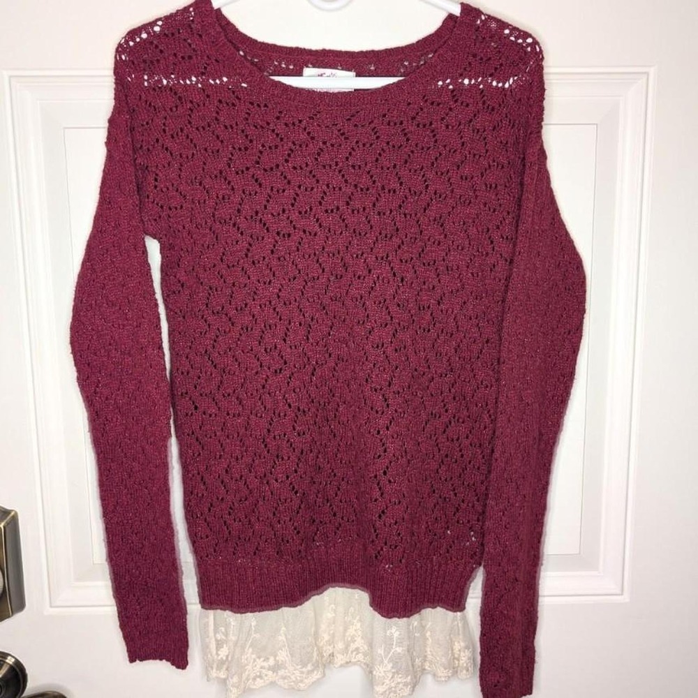 Justice Big Girls Size 16 Open Knit Sweater Lace Trim Berry Metallic